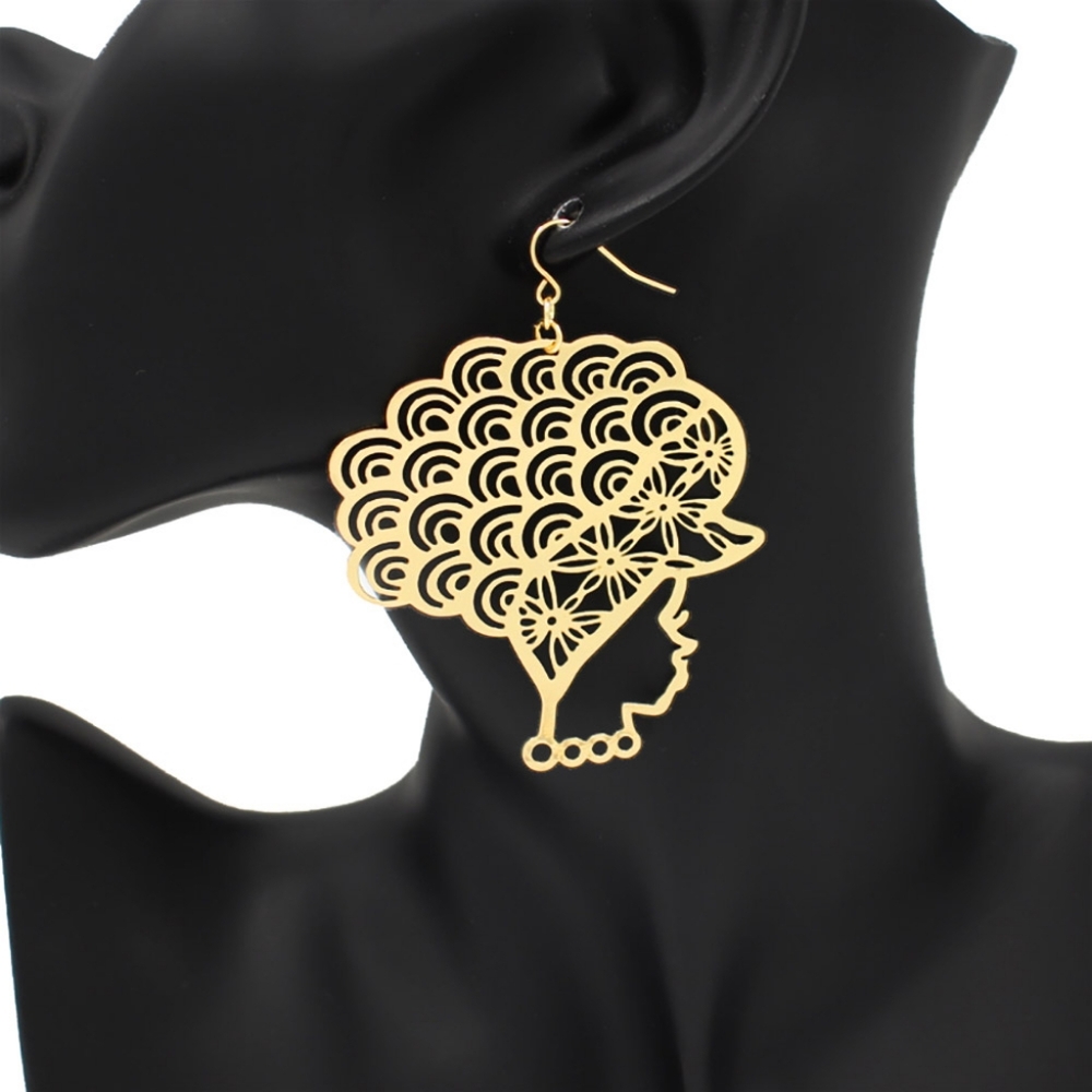 Gold Cut Out Metal Black Girl Magic Scarf Afro Dangle Statement Earrings